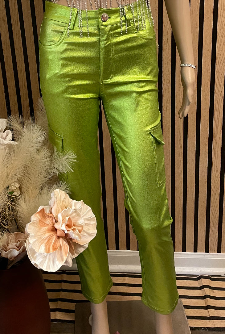 Green Metallic Cargo Pants