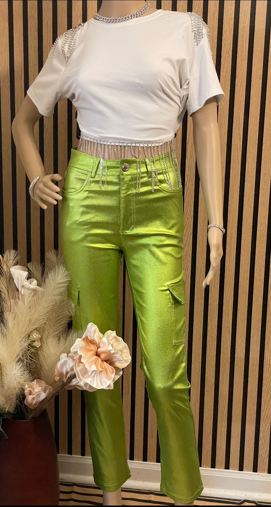 Green Metallic Cargo Pants